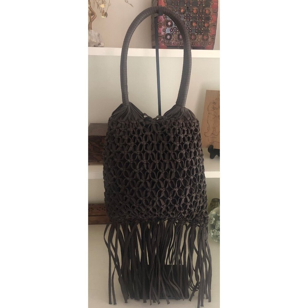 Made on Earth for David and Scott Brown Leather Macrame' Fringe Bag Purse